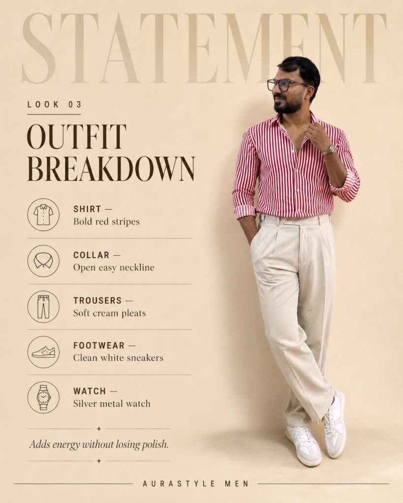 Man wearing a red and white striped shirt with cream pleated trousers, white sneakers and a silver wristwatch.