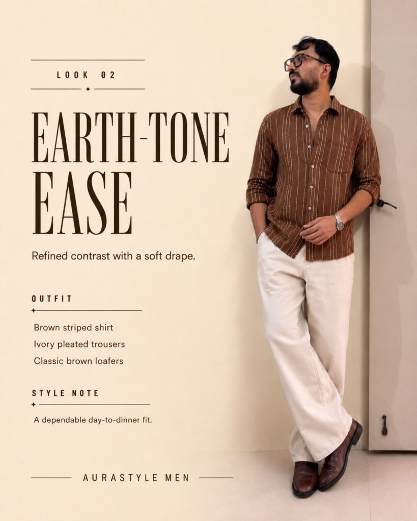 Men’s earth-tone style guide analysing a brown striped shirt, ivory pleated trousers and polished brown loafers.