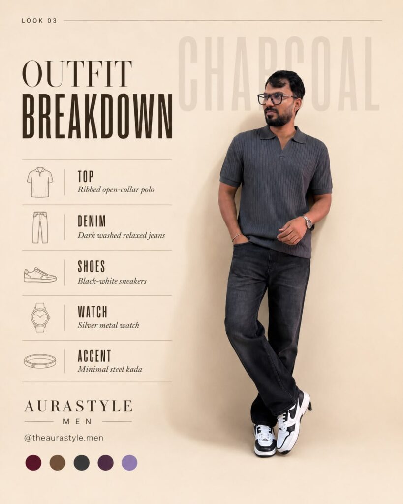 Man wearing a charcoal ribbed open-collar polo with dark relaxed jeans, monochrome sneakers and a silver watch.