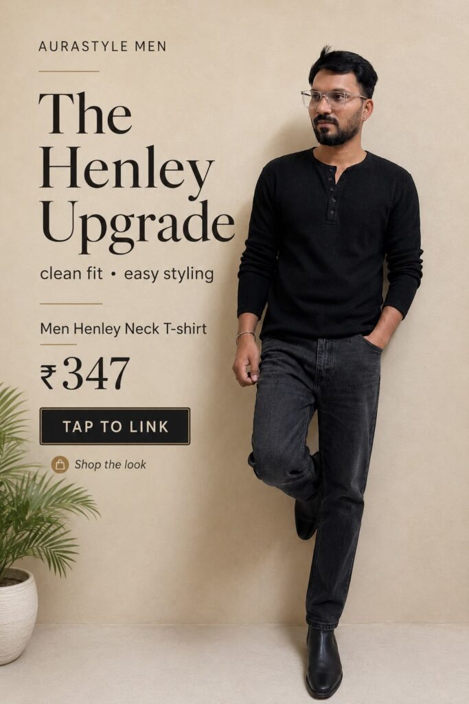Man wearing a black long-sleeve Henley neck T-shirt with charcoal jeans and black boots, featured in a beige editorial Pinterest fashion pin with a ₹347 price and Tap to Link CTA.