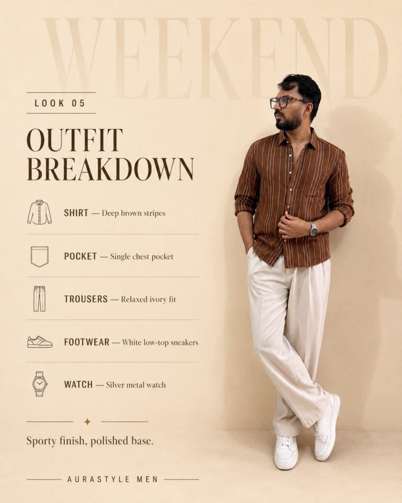 Man wearing a deep brown striped shirt with relaxed ivory trousers, white sneakers and a silver watch.