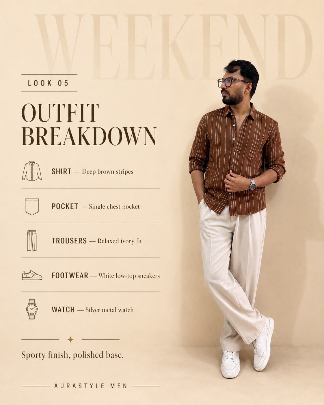 office outfits for men - Brown Striped Shirt With Ivory Trousers and Sneakers