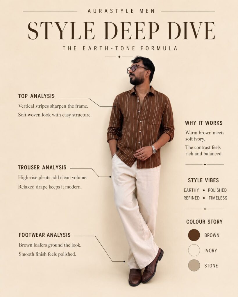 Men’s earth-tone style guide analysing a brown striped shirt, ivory pleated trousers and polished brown loafers.