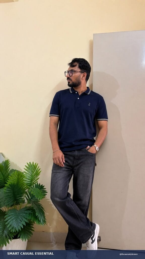 Man wearing a navy tipped-collar polo with charcoal jeans and white sneakers.