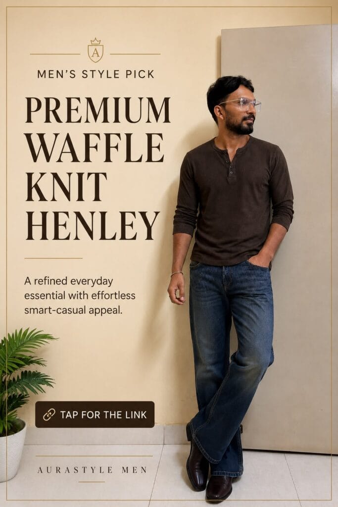 Man wearing a black waffle-textured Henley T-shirt with dark jeans and black boots for a clean monochrome smart-casual outfit.