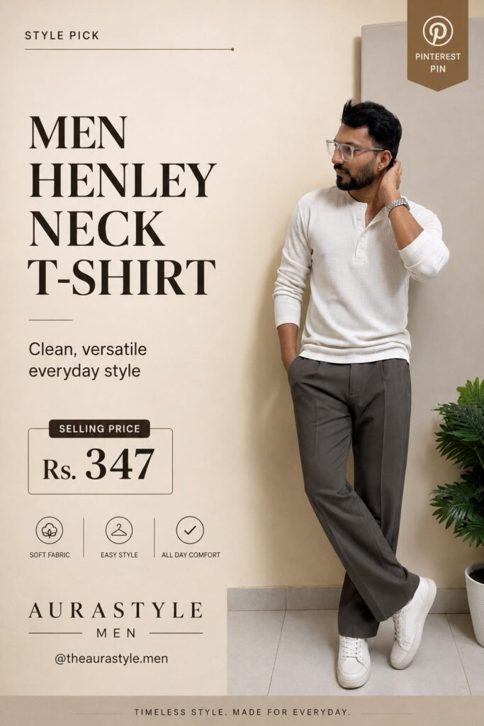 White waffle-knit Henley T-shirt for men featuring a textured finish and buttoned neckline, styled as a clean smart-casual wardrobe essential.