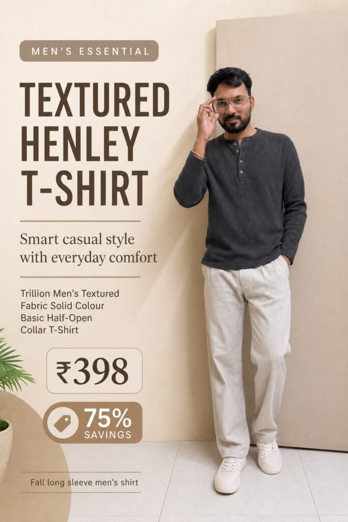 Dark grey textured long-sleeve Henley T-shirt for men featuring a half-open button neckline, styled as an effortless smart-casual wardrobe piece.