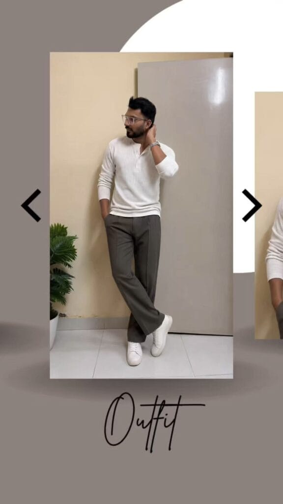 A man wearing a clean white Henley T-shirt styled with relaxed-fit trousers and smart casual footwear. The outfit has a minimal, masculine and effortlessly premium look, suitable for brunch, travel, casual office days and weekend outings.