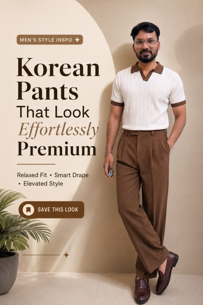 A man wearing brown relaxed-fit Korean pleated trousers styled with a white knit polo shirt featuring brown trim and dark brown leather loafers. The outfit has a clean, premium smart-casual look in warm neutral tones.