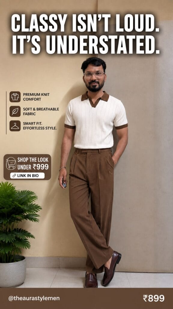 A man wearing brown relaxed-fit Korean pleated trousers styled with a white knit polo shirt featuring brown trim and dark brown leather loafers. The outfit has a clean, premium smart-casual look in warm neutral tones.