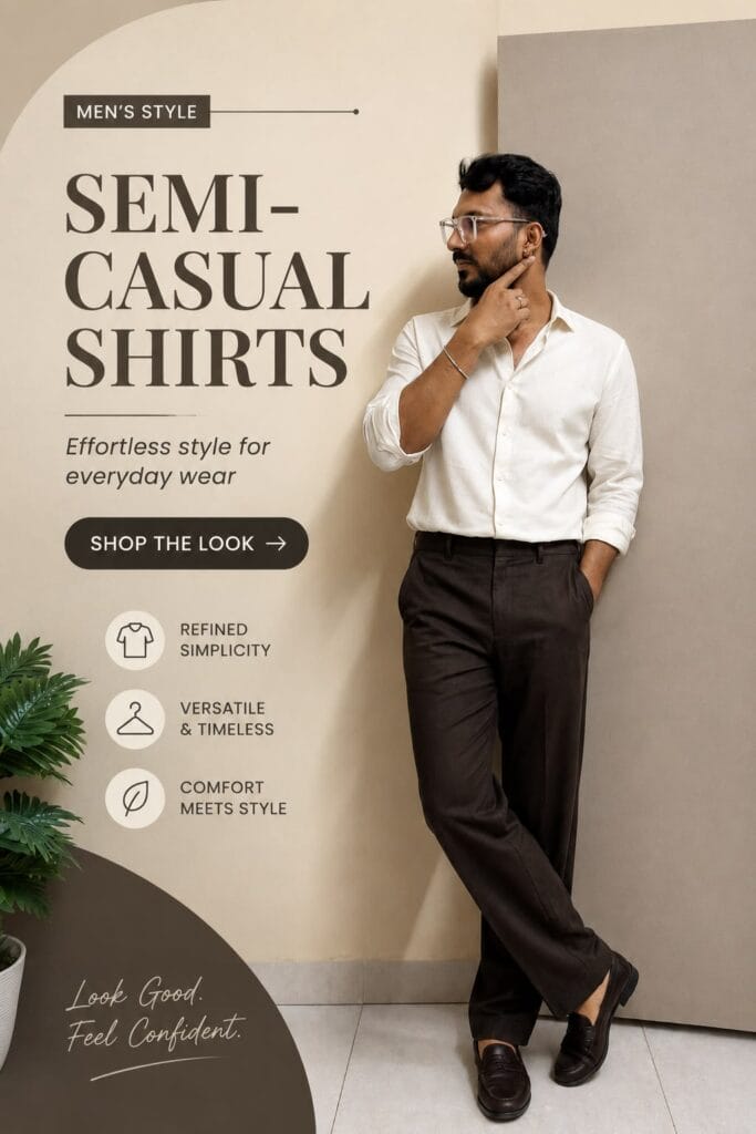 A man wearing a crisp white semi-casual shirt styled with relaxed-fit trousers for a clean and polished look. The affordable outfit is suitable for office wear, college, brunch, date nights and smart weekend occasions, with the shirt priced under ₹999.