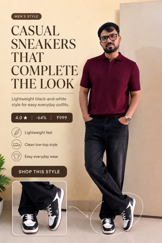 Man wearing a burgundy ribbed polo shirt, dark jeans, and black-and-white casual sneakers in a premium Pinterest fashion pin with a sneaker close-up, ₹999 price, 64% discount, and 4.0-star rating.