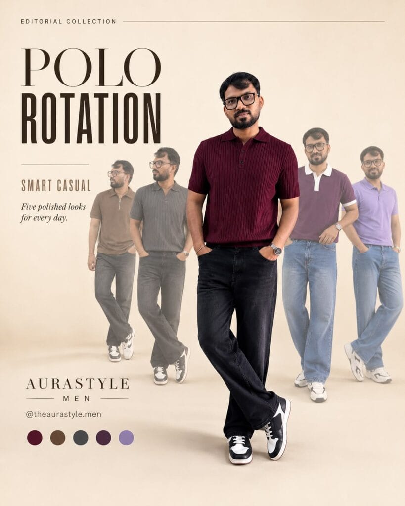 Men’s smart casual polo outfit collection featuring five polo shirts styled with relaxed jeans, sneakers and minimal accessories.
