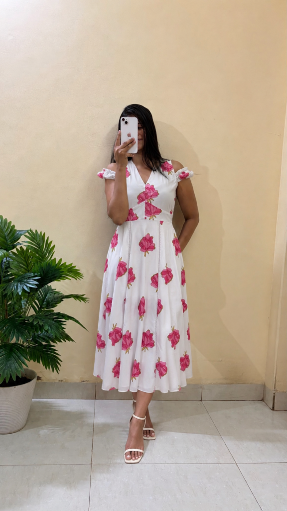FIORRA Women Fit & Flare White Floral Print Cotton Midi Dress