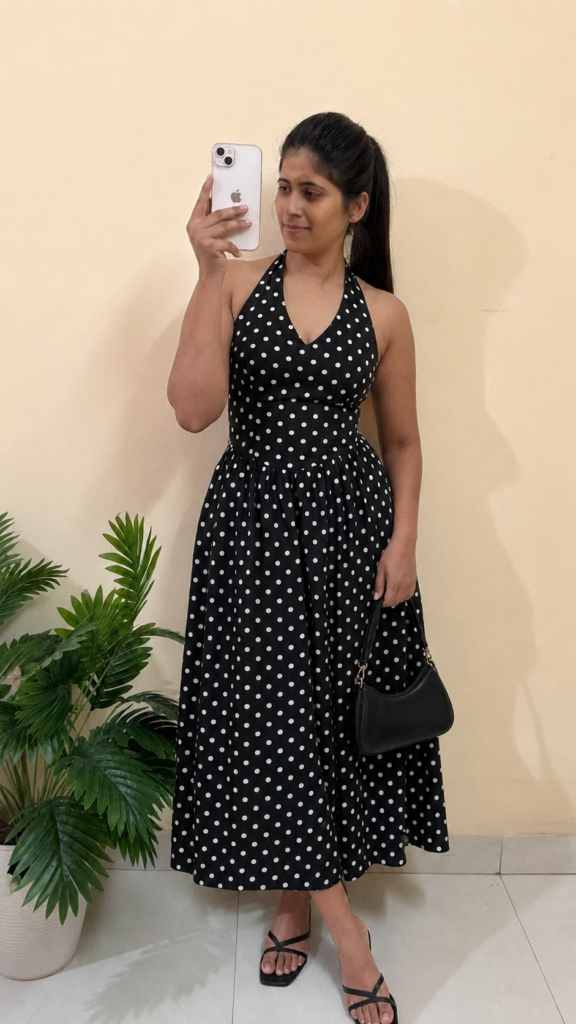 Black Polka Dots Halter Long Dress 