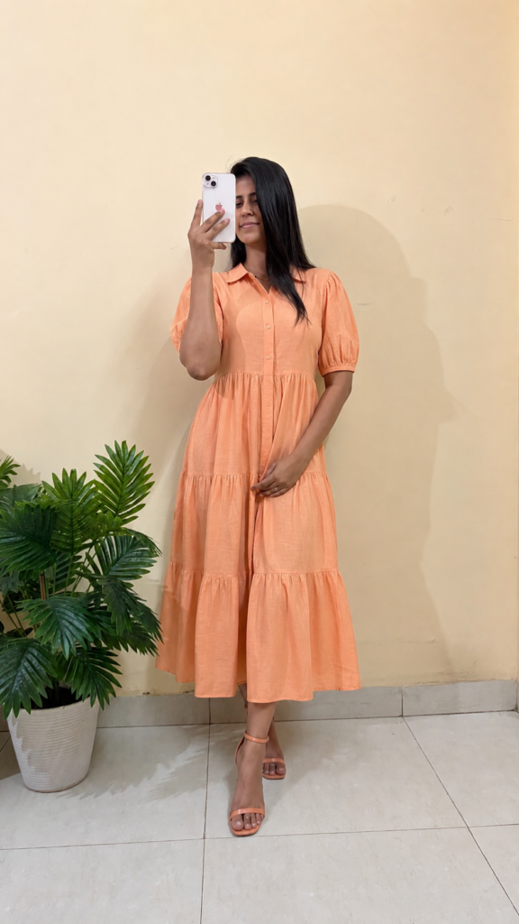 FIORRA Women’s Orange Solid Linen Maxi Dress