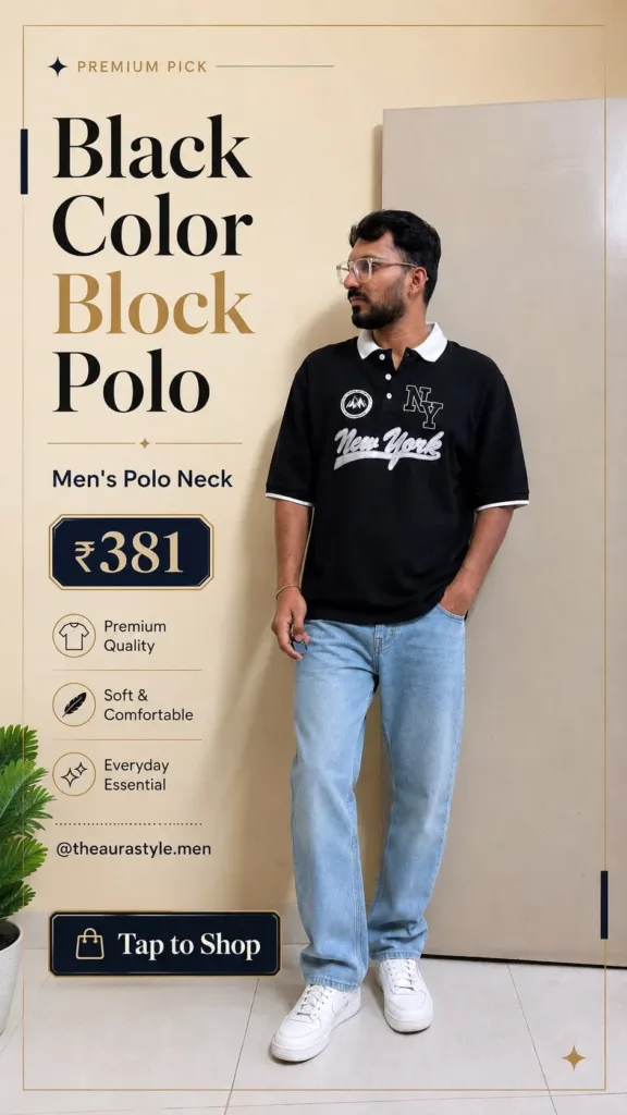 Man wearing a black color block polo neck t-shirt with light blue jeans and white sneakers, styled as a premium Pinterest affiliate fashion pin