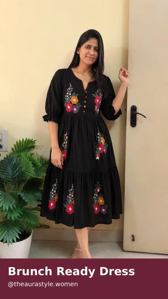 Black embroidered floral midi dress with puff sleeves and flowy silhouette for women. — Black Embroidered Dress Outfit for Women