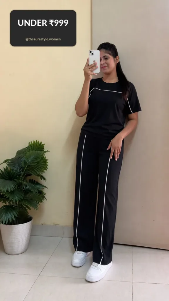 Black T-shirt and wide-leg trouser co-ord with contrast white piping. — Black That Co-ord Set Outfit for Women