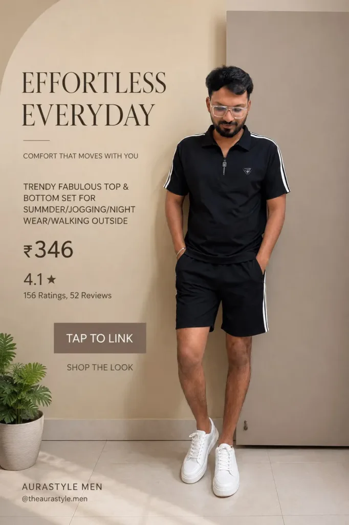 A man wearing a black trendy co-ord set with white sneakers, perfect for summer casual wear, jogging, gym, walking, travel, and everyday fashion