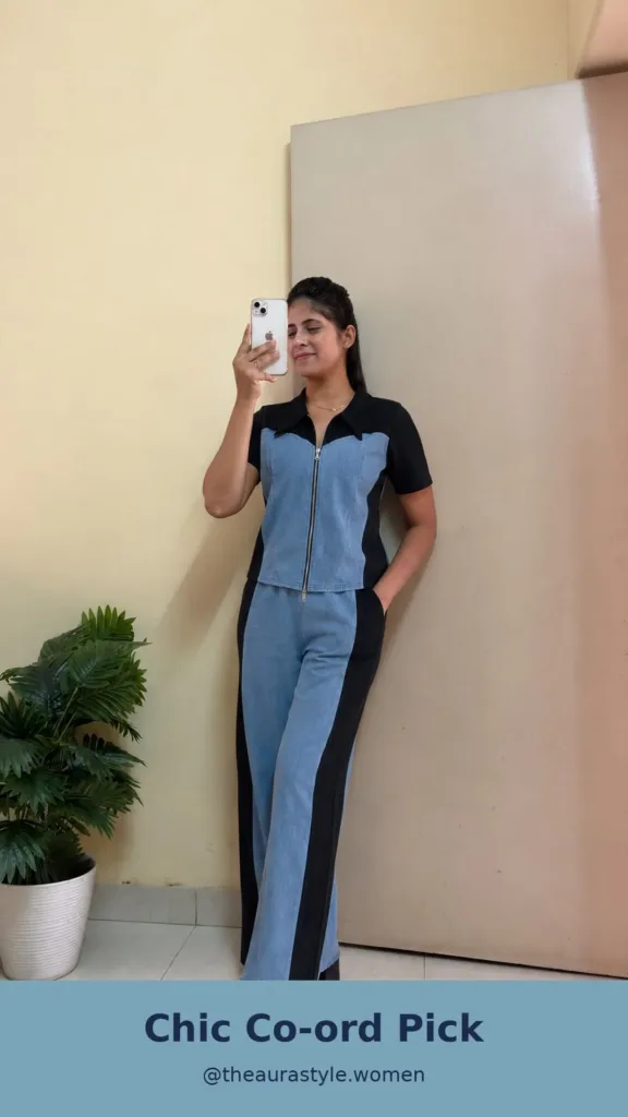 Woman wearing a blue and black collared zip co-ord set with wide-leg trousers. — Blue Denim Co-ord Set Outfit for Women
