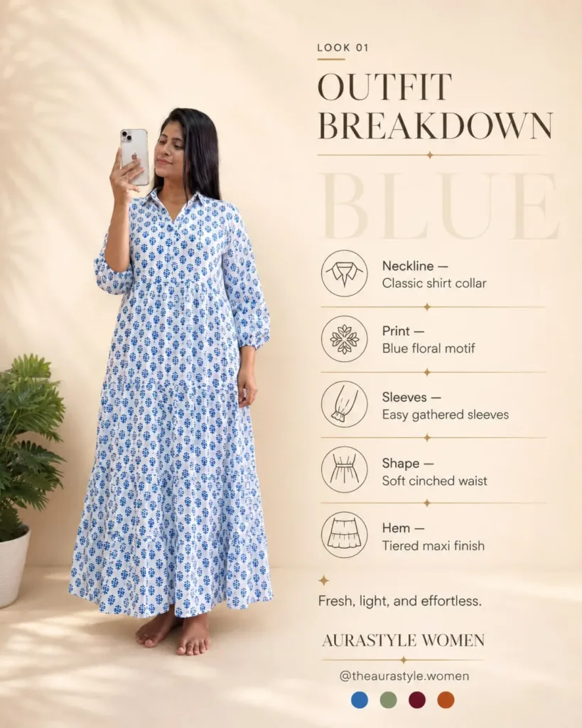 White and blue floral maxi dress with shirt collar, gathered sleeves and tiered hem. — Blue Floral Shirt Outfit for Women