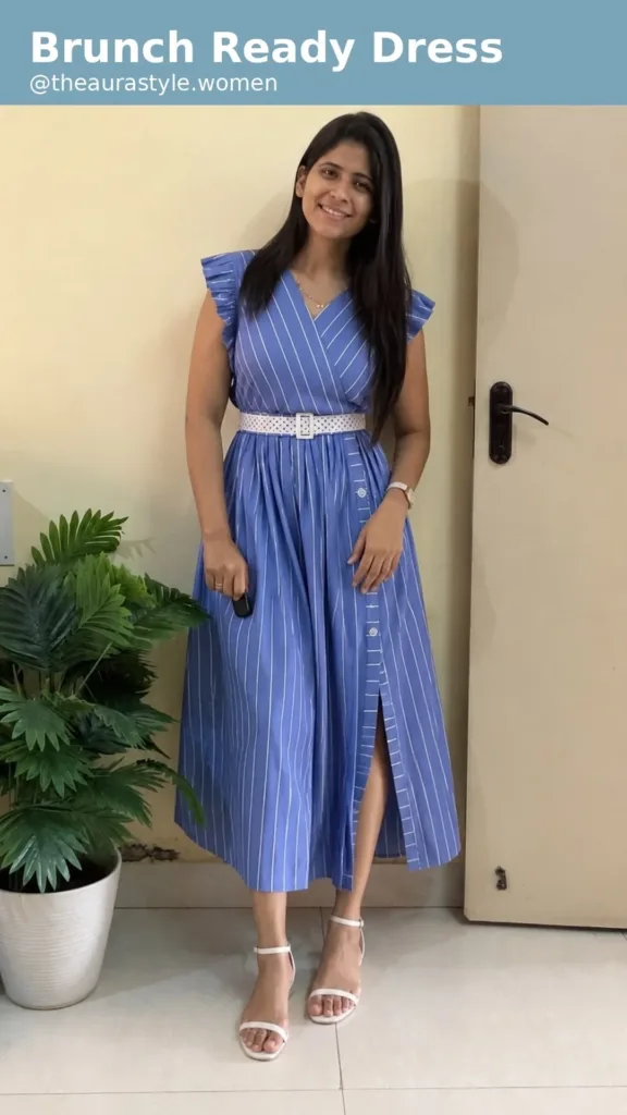 Blue striped V-neck midi dress with flutter sleeves, white belt, and flowy fit for casual brunch styling. — Blue Striped Dress Outfit for Women
