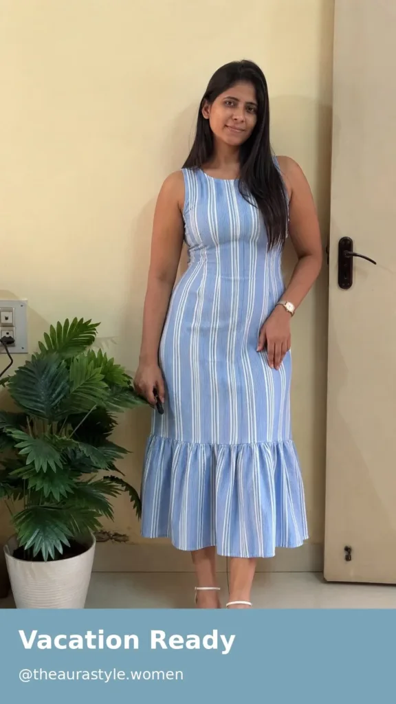 Blue and white striped sleeveless midi dress with a flared hem for women. — Blue Striped Dress Outfit for Women