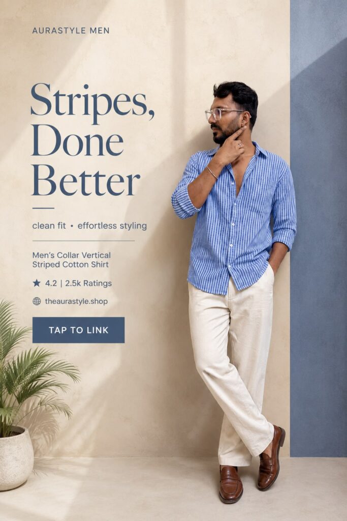Man wearing a blue and white vertical striped cotton shirt with white trousers and brown loafers in a clean smart-casual outfit. — Blue Striped