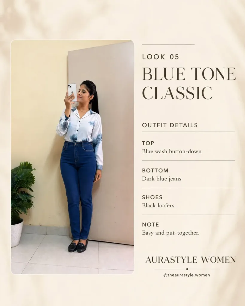 Woman wearing a blue wash button-down shirt with dark blue jeans and loafers. — Blue Wash Shirt Outfit for Women