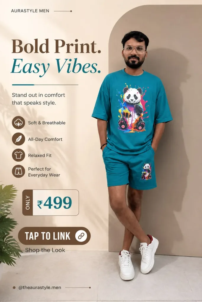 Man wearing a teal panda-print oversized T-shirt with matching shorts and white sneakers, styled as a minimal men’s fashion shopping pin priced