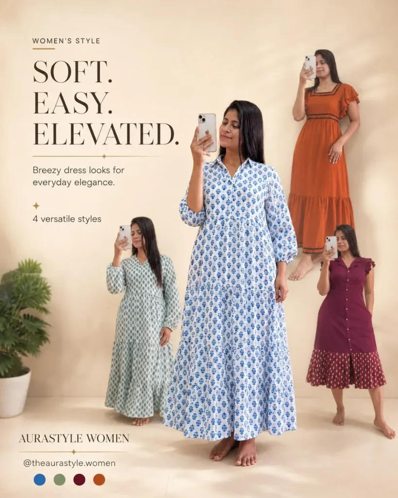 Four women’s flowy dresses in blue, mint, rust orange and maroon shades. — Breezy Summer Dress Outfit for Women