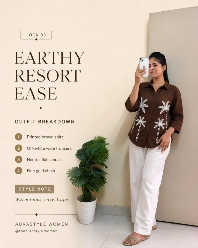 Woman in a brown printed shirt, off-white trousers and neutral flat sandals. — Brown Printed Shirt Outfit for Women