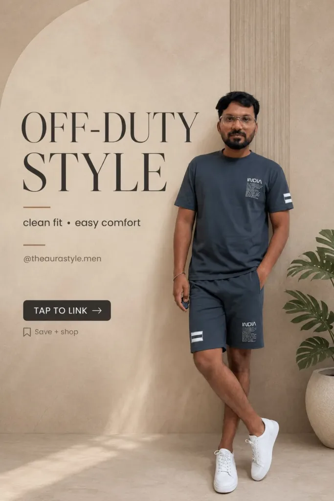 Man wearing a charcoal grey printed T-shirt and matching shorts co-ord set styled with white lace-up sneakers in a minimal neutral fashion