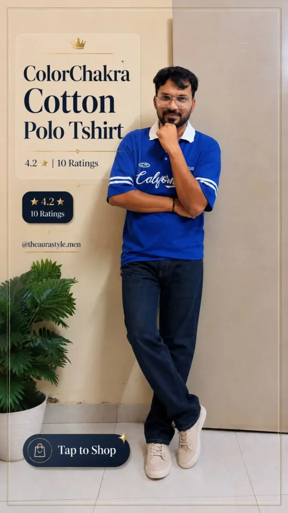 Man wearing a royal blue ColorChakra cotton polo t-shirt with dark jeans and beige sneakers, styled as a premium casual men’s Pinterest outfit