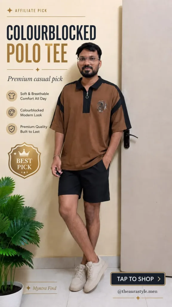 Man wearing a brown and black colourblocked polo tee with black shorts and beige sneakers in a premium Pinterest affiliate fashion pin