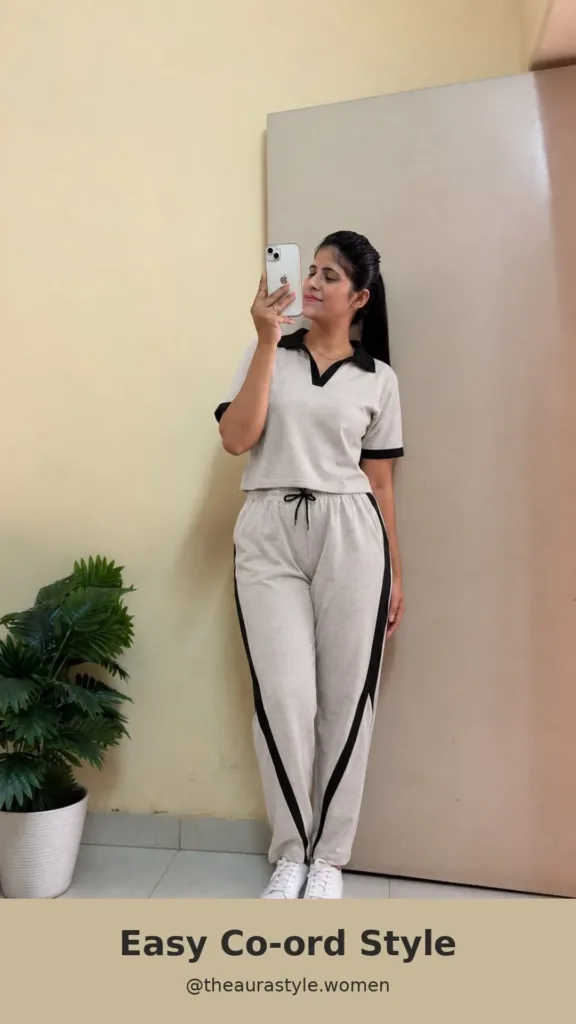 Woman wearing a cream and black collared co-ord set with straight-fit trousers. — Cream Chic Co-ord Set Outfit for Women