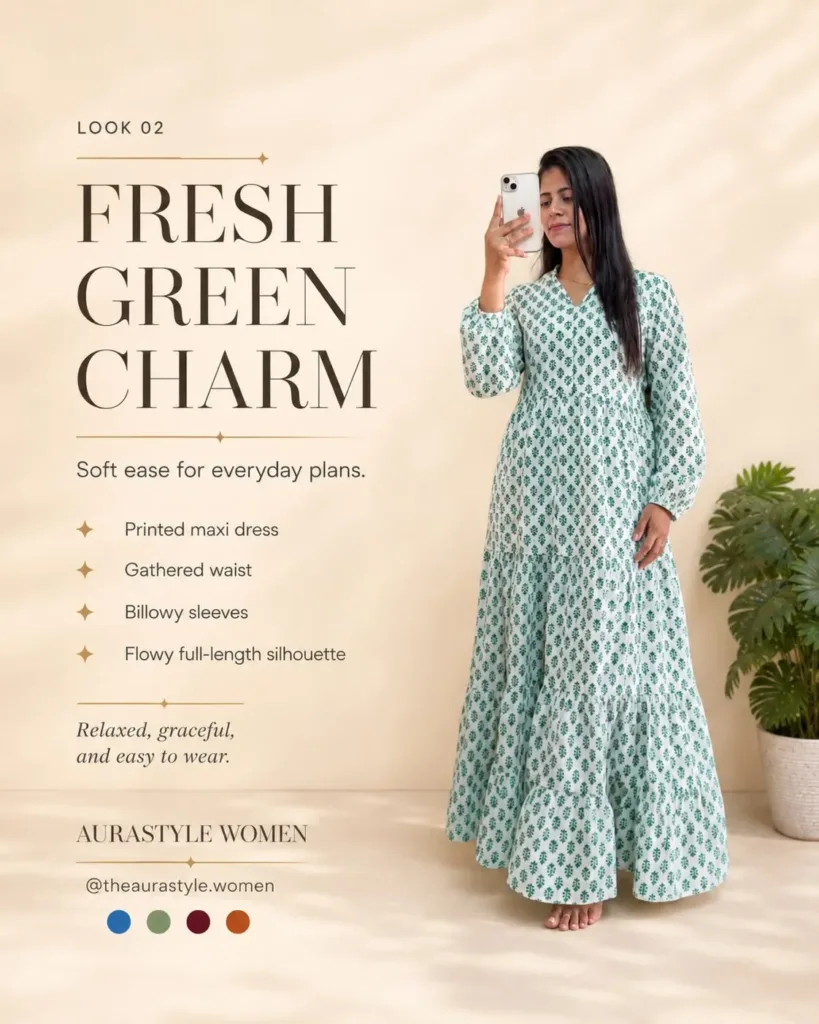 Green and white printed maxi dress with billowy sleeves and a tiered hem. — Green Printed Dress Outfit for Women
