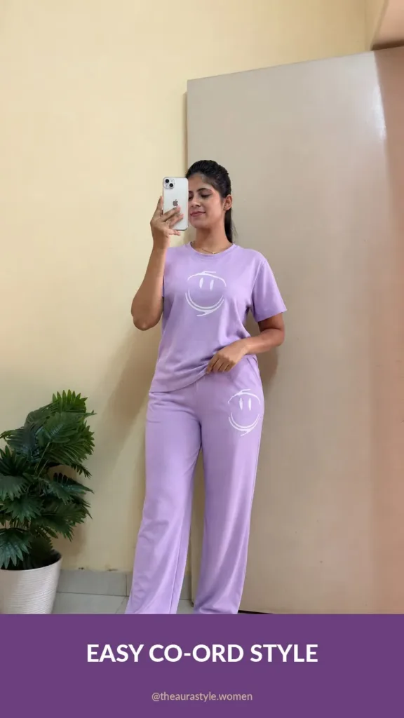 Woman wearing a lilac smiley-print co-ord set with white sneakers — Lilac Printed Co-ord Set Outfit for Women