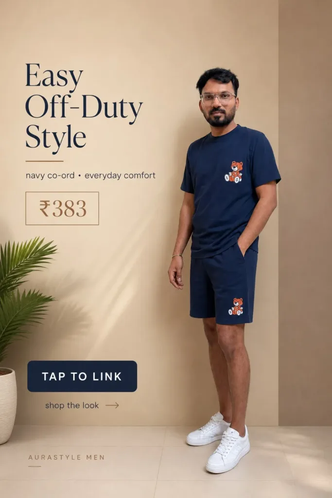 Man wearing a navy blue printed T-shirt and matching shorts co-ord set with white sneakers, featured in a minimal beige Pinterest fashion pin