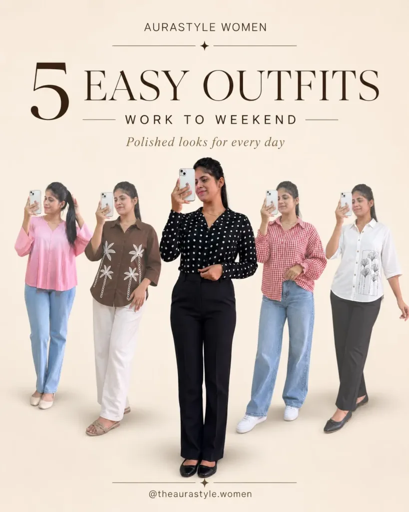 Five women wearing polished shirts with trousers for office and casual looks. — Office Tops Trousers Outfit for Women