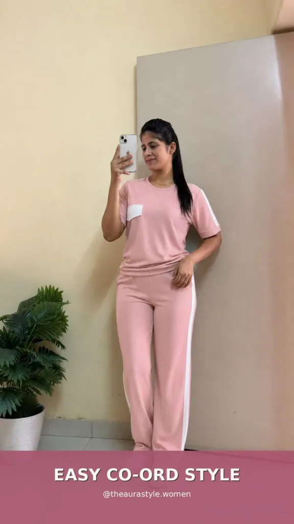 Pink relaxed co-ord set with a round-neck tee, white trims and straight-leg pants — Pink Chic Co-ord Set Outfit for Women