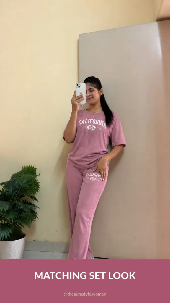 Woman wearing a dusty pink printed co-ord set with white sneakers. — Pink Printed Co-ord Set Outfit for Women