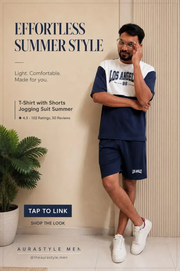 Stylish men's navy blue T-shirt with matching shorts jogging suit summer co-ord set. Casual streetwear outfit with white sneakers perfect for