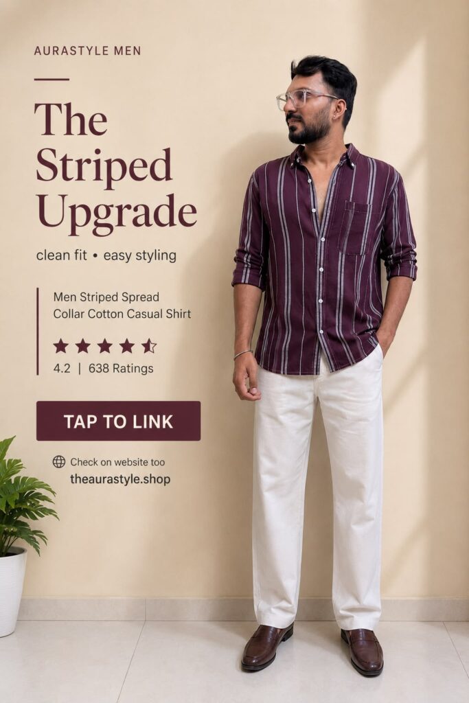 Man wearing a maroon vertical striped spread-collar casual shirt with white trousers and brown loafers in a premium smart-casual outfit. — The
