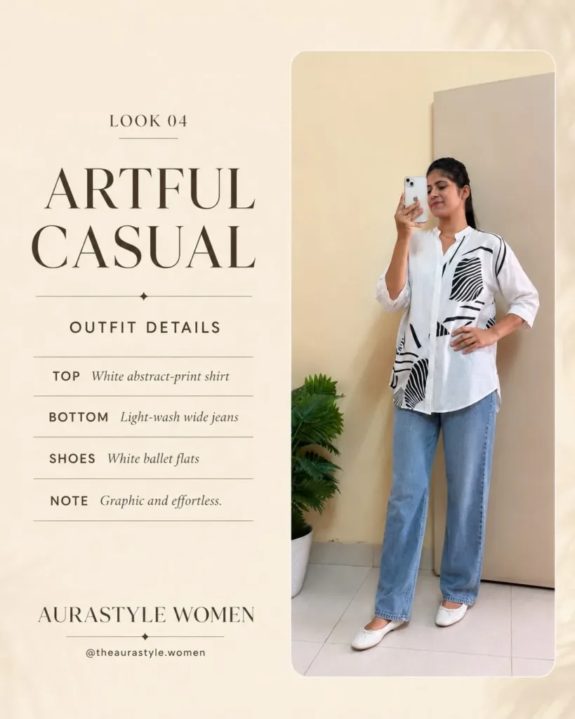 White Abstract-Print Shirt — Premium Look Under ₹999 — White Abstract-print Shirt Outfit for Women