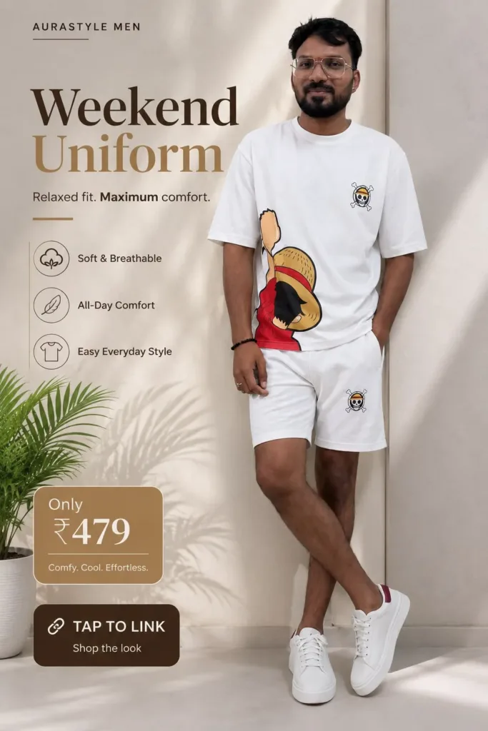 Man wearing a white anime graphic oversized T-shirt with matching shorts and white sneakers in a minimal neutral setting. — White Anime Co-ord
