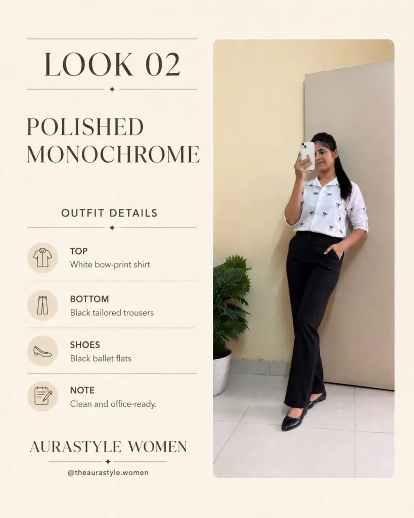 Woman in a white bow-print shirt with black tailored trousers and flats. — White Bow-print Shirt Outfit for Women
