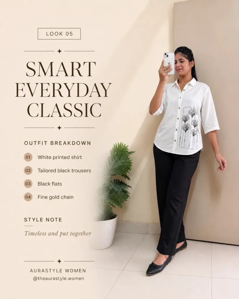 Woman in a white printed shirt, black trousers and flats for office wear. — White Printed Shirt Outfit for Women