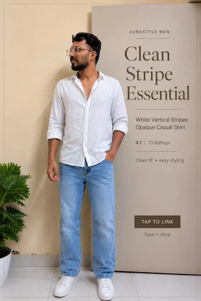 Man wearing a white vertical striped casual shirt with relaxed blue jeans and white sneakers, standing against a neutral beige indoor background